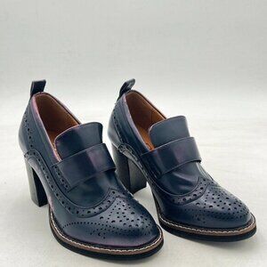 YDN Navy Women Chunky High Heels Round Toe Oxford Loafer Size Color Material